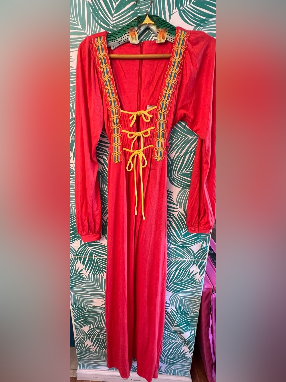Vintage Jody of California Boho Red Maxi Dress w/ Yellow Trim bodic tie 1970’s